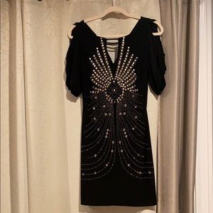 Black studded cold shoulder  mini dress as 4